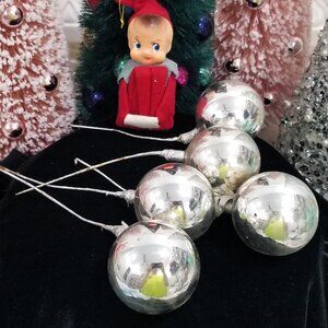 5 Vintage Large Silver Mercury Glass Ball Christmas Ornament Tree Picks Floral J